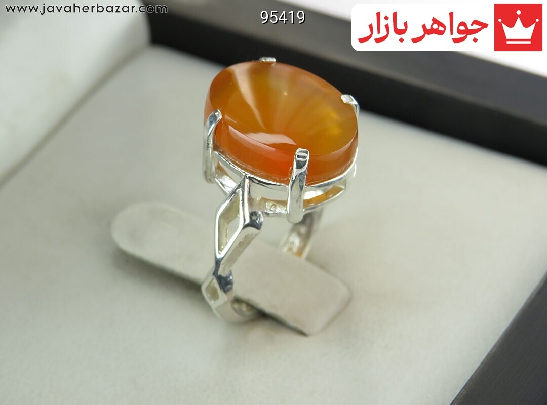 انگشتر نقره عقیق یمنی نارنجی طرح لوزی زنانه [شرف الشمس]